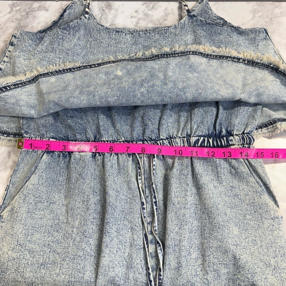 Denim faux crop top distressed look Romper 80’s, 90’s acid wash retro look - Picture 3 of 9